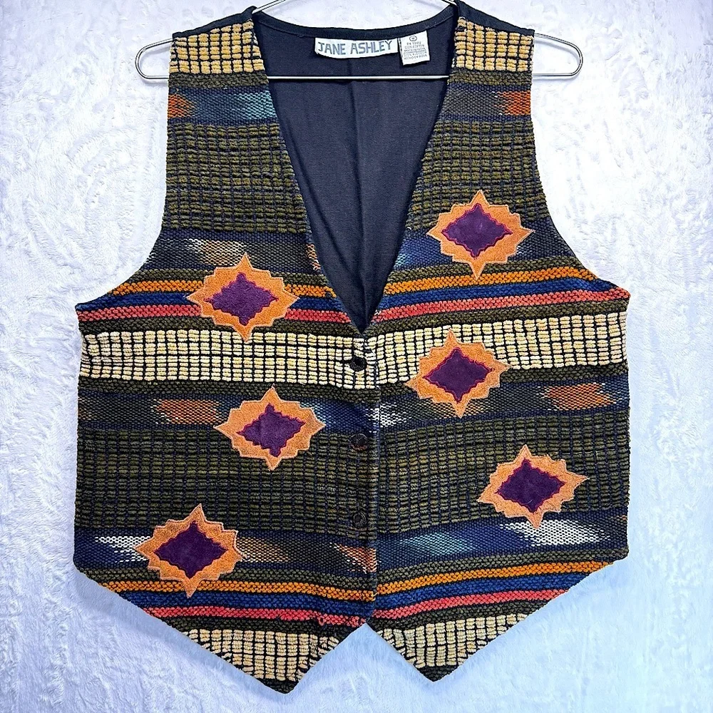 Vintage Jane Ashley Western Vest Woven with Suede Patches Southwestern Cowgirl